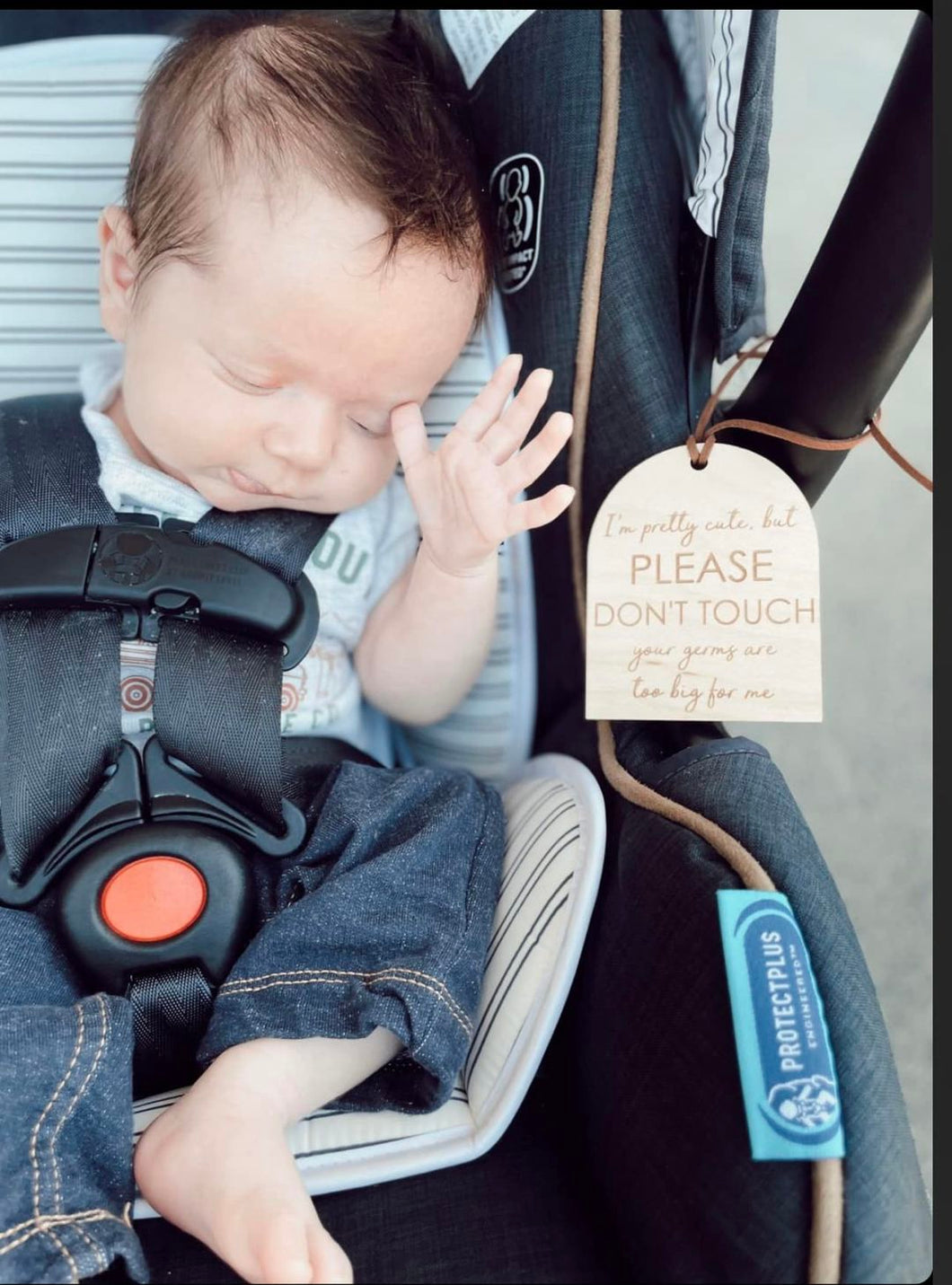 Please don't touch- your germs are too big for me- Carseat tag