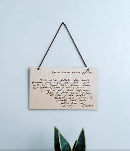 Handwritten recipe card engraved on wood
